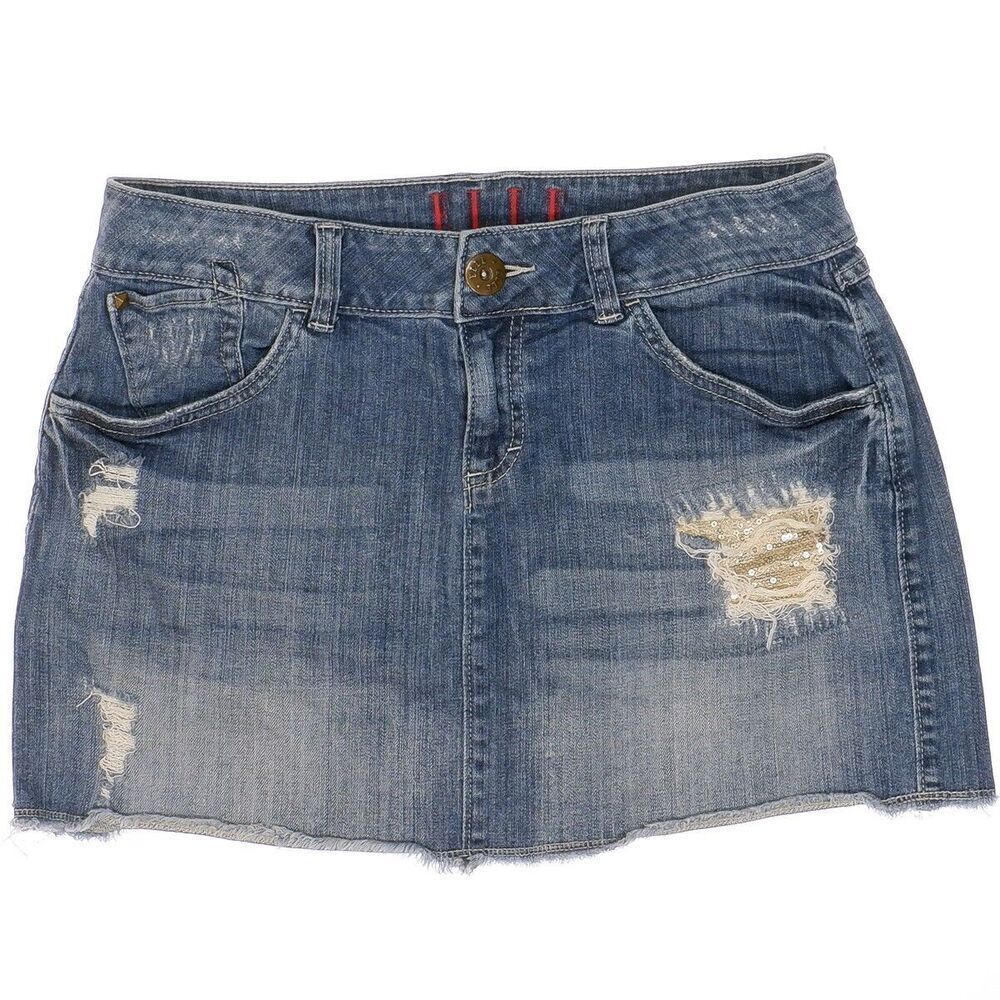 Elle Skirt Womens Size 8 Mini Blue Denim Distressed Sequin Measures 31 x 14